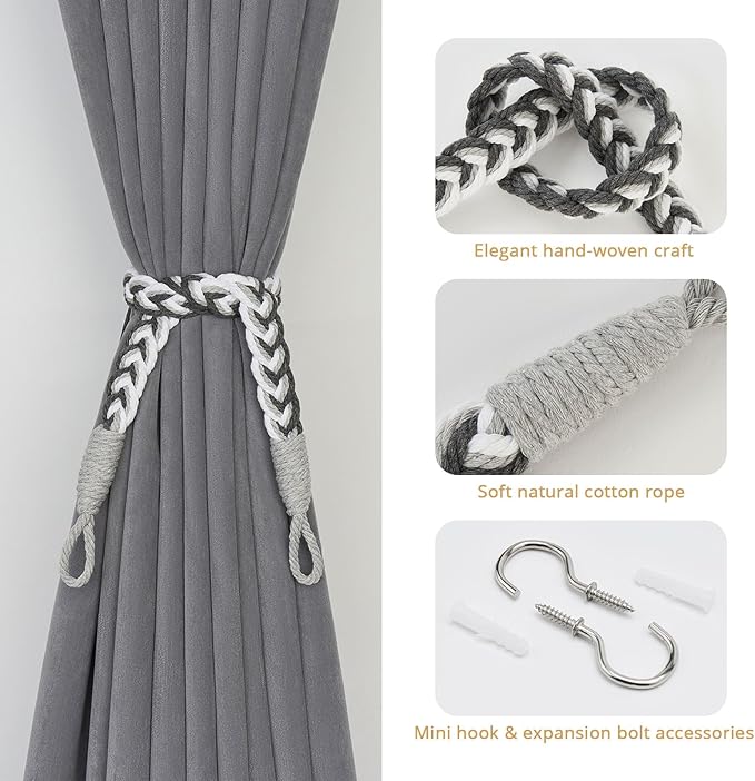 NICEEC 2 Pack Natural Cotton Rope Curtain Tiebacks Elegant Boho Style Decorative Drape Tie Backs Soft Hand-Woven Rope Curtain Holdbacks with Metal Hook for Home & Office Drapery (Grey & White)
