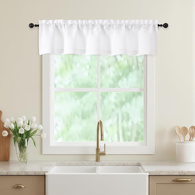 Valances for Windows, Light Filtering Faux Linen Textured Small Short Valance Curtains for Bathroom Basement Farmhouse, Rod Pocket Top Half Curtains for Windows, White 52Wx12L Inch