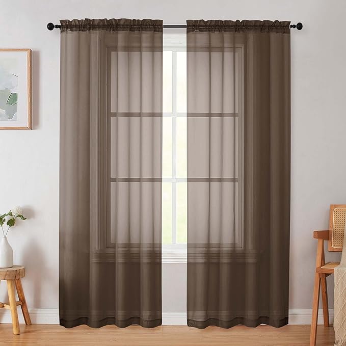Chocolate Sheer Curtain for Bedroom Living Room 72 Inches Long 2 Panels Set, Solid Soft Airy Light Filtering Sheer Window Curtains, Modern Rod Pocket Door Curtain, Chocolate, 42"Wx72"L Inch