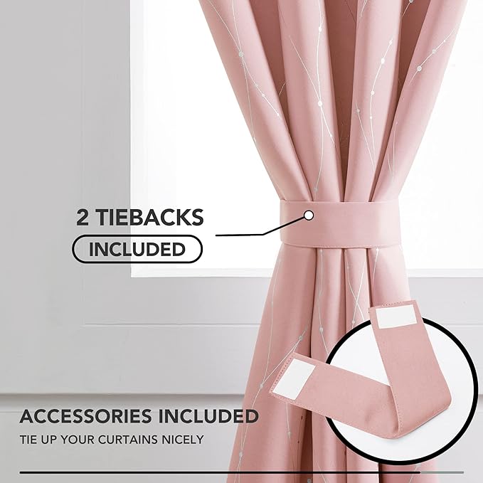 Deconovo Pink Blackout Curtains for Bedroom, Thermal Insulated Soundproof Pravicy Curtain, Silver Wave Dots Print, 52 x 95 Inch Long, Machine Washable Window Panels for Kids Room Nursery, Set of 2