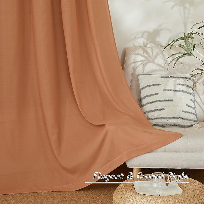 NICETOWN Linen Flax Semi Sheer Curtains 92" Length, Grommet Window Treatments Privacy Added with Light Penetration Vertical Drapes for Loft/Home Office, Burnt Orange, W55 x L92, 2 Panels