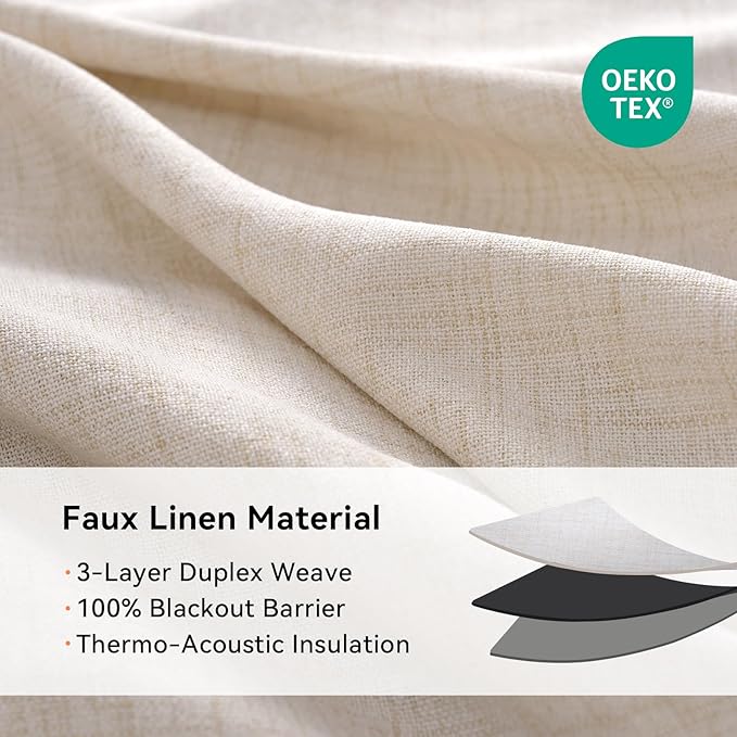 100% Blackout Shield Linen Blackout Curtains for Bedroom, Oatmeal Grommet Curtains for Living Room, Thermal Insulated Room Darkening Drapes for Nursery, Boho Home Decor, 50" W x 84" L, 2 Panels