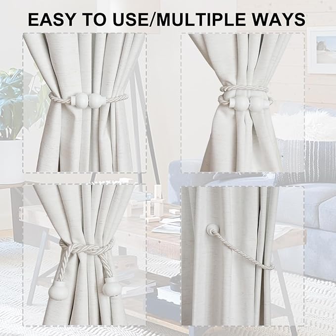 6 Pack Magnetic Curtain Tiebacks Modern Handmade Rope Curtain Tie Backs Decorative Drapes Weave Holdbacks for Home Outdoor Bedroom Office Decorative Curtain, White