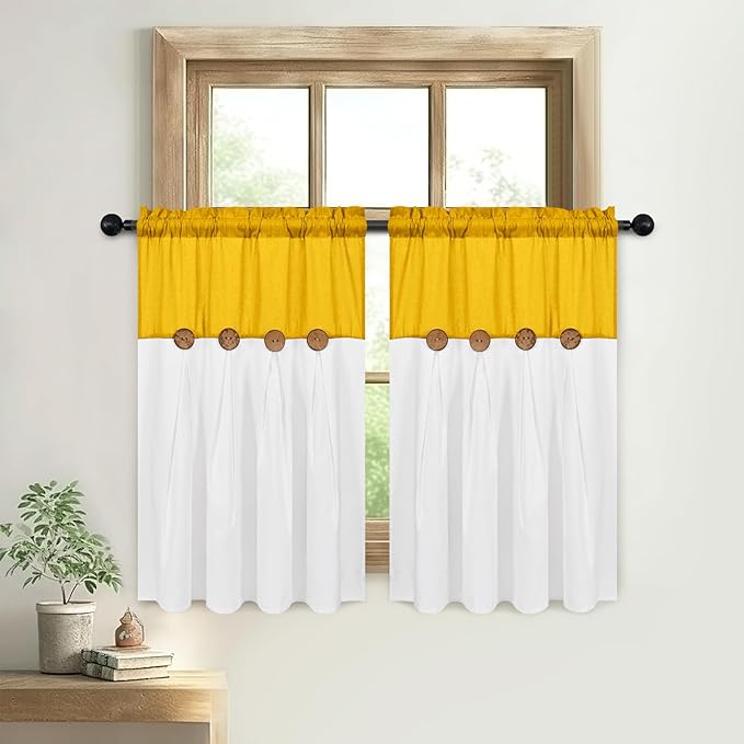 FRAMICS Farmhosue Kitchen Curtains 36 Inch Length, Rustic Cotton Linen Tier Curtains, Boho Button Short Curtain for Windows, Rod Pocket Small Window Curtain, Yellow and White, 26x36