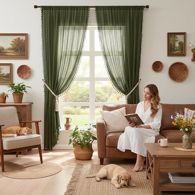 WAZZIO Boho Lace Curtains 84 Inches 2 Panel,Light Filtering Privacy Tassel & Geometry Crochet Semi Sheer Curtain Drapes for Bedroom Living Dining Room,Rod Pocket & Tassel,Olive Green