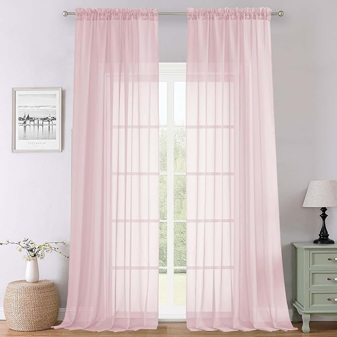 Lecloud Blush Pink Sheer Curtains 120 Inches Long 2 Pcs, Rod Pockets Voile Living Room Curtains for Bedroom Decor, Light Filtering Farmhouse Drapes for Dining Room, Each Panel 59" W x 120" L