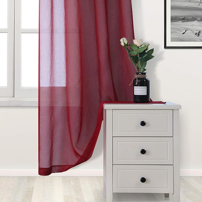 DWCN Christmas Burgundy Sheer Curtains Semi Transparent Voile Rod Pocket Curtains for Bedroom and Living Room, 52 x 63 inches Long, Set of 2 Panels