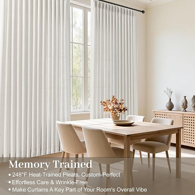 Extra Wide Pinch Pleated Linen Curtains for Living Room, Memory Trained Semi Sheer Curtain Pleated with Hooks Rings Back Tab Light Filtering Drapes for Sliding Door, 60x90, 1 Panel, Beige White