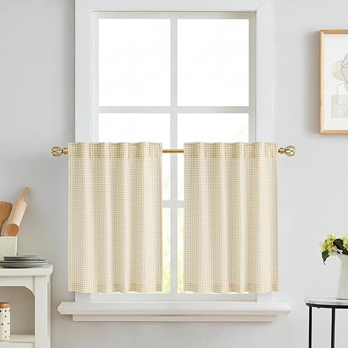 RYB HOME Checkered Kitchen Cafe Curtains 24 inch Length, Vintage Farmhouse Linen Plaid Curtains Gingham Small Window Treatment Valance for Living Room Bathroom, Yellow, W26 x L24, 2 Panels
