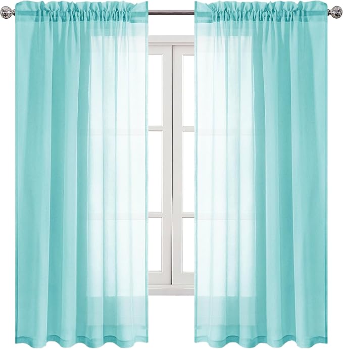 DWCN Aqua Sheer Curtains Semi Transparent Voile Rod Pocket Curtains for Bedroom and Living Room, 52 x 63 inches Long, Set of 2 Panels