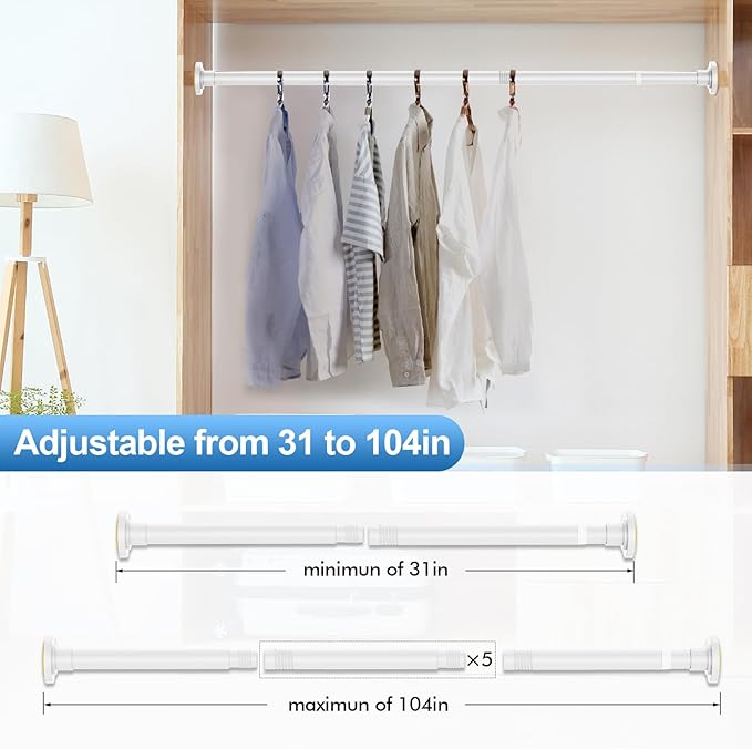 CorkLatta White Shower Curtain Rod 31 to 104 Inch,1 Inch Diameter Adjustable Spring Tension Curtain Rod No Drilling Stainless Steel Telescoping Rod,No Rust