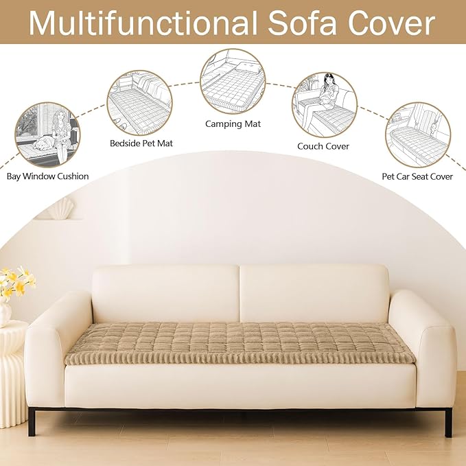 hyha Couch Covers for Dogs Washable, Non Slip Plush Dog Sofa Protectors, Fuzzy Pet Couch Covers for 3 Cushion Sofa Pet Friendly (Khaki, 27.6" x 88")