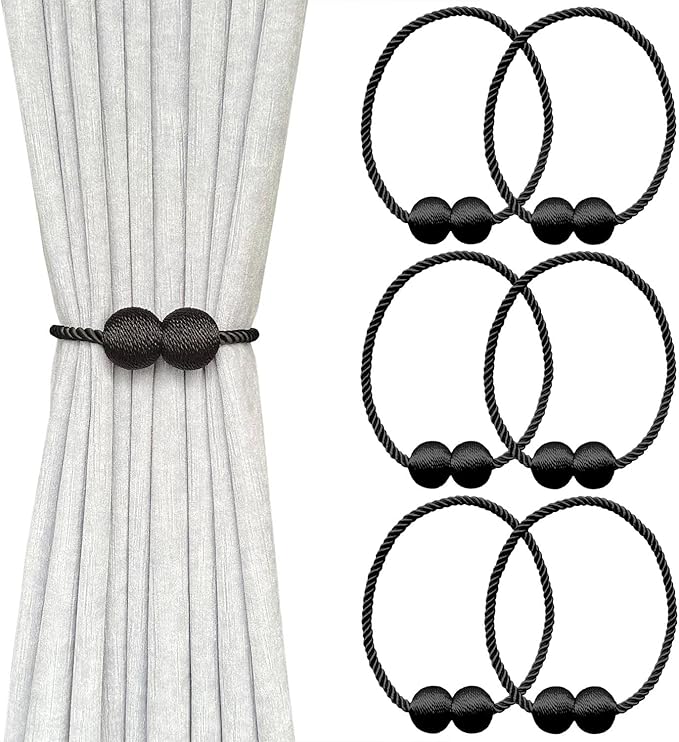 Melaluxe 6 Pack Magnetic Curtain Tiebacks, Decorative Curtain Holdbacks for Window Décor (Black)