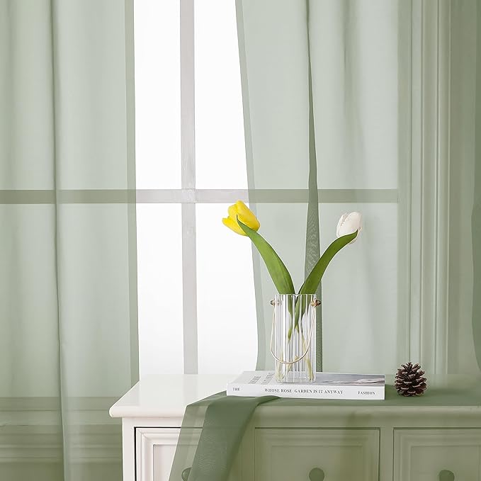 Lecloud Sage Green Sheer Curtains 63 Inch Long 2 Panels, Elegant Voile Drapes for Dinning Small Windows, Light Filtering Voile Curtain for Living Room Bedroom Bathroom, Dual Rod Pocket, 40" Wx63 L