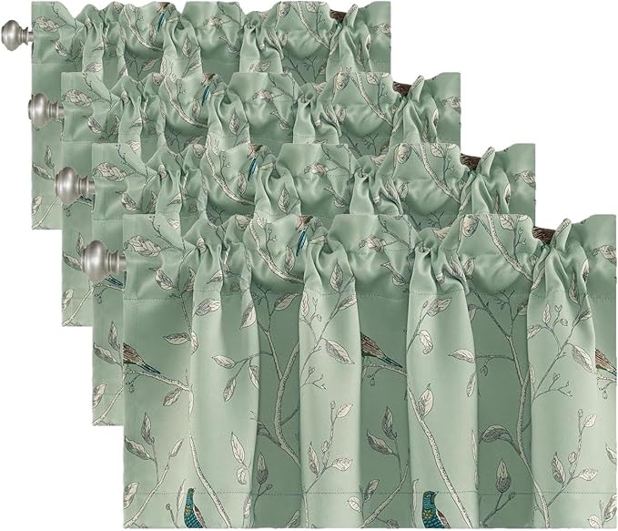 H.VERSAILTEX Blackout Curtain Valances for Kitchen Window/Living Room/Bathroom Privacy Added Rod Pocket Home Decoration Winow Valance, 52" W x 18" L, Birds in Sage (Pack of 4)