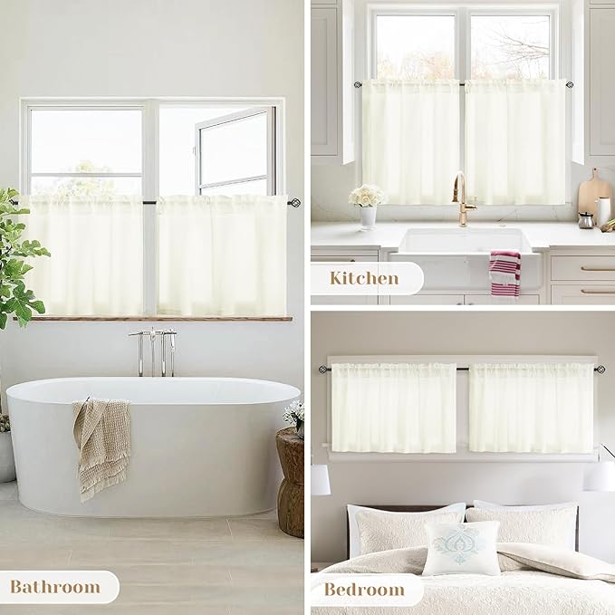 HOMEIDEAS Non-See-Through Ivory Privacy Sheer Kitchen Curtains, 30 X 24 Inches Long 2 Panels Short Sheer Curtains Light Filtering Bathroom Window Drapes for Bedroom Living Room