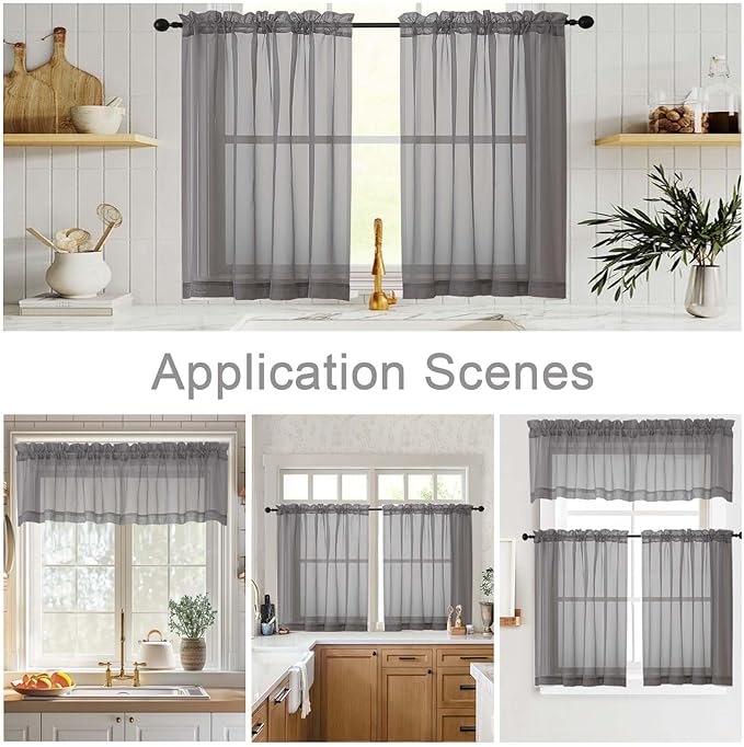 Grey Valances for Windows, Sheer Curtains 14 Inch Length 2 Pack Kitchen Curtain, Modern Solid Mini Small Window Curtains for Cafe Bathroom Basement, Grey, 42" Wx14 L Inch