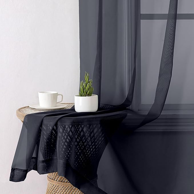 Lecloud Black Sheer Curtains 68 Inch Length 2 Pcs, Light Filtering Rod Pockets Window Curtains for Bedroom, Soft Voile Solid Home Drapes for Living Room Bathroom Loft, Each Panel 42" W x 68" L