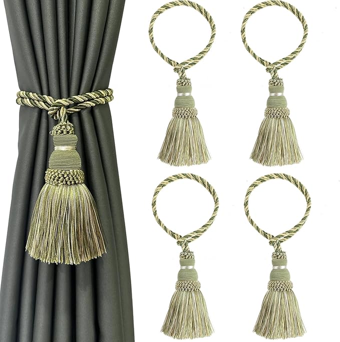Fenghuangwu 4 Pack Curtain Tie Backs Rope Tassels for Curtains Drape tiebacks Handmade Outdoor Home and Outdoor Decorative (Mix Green, 4p)