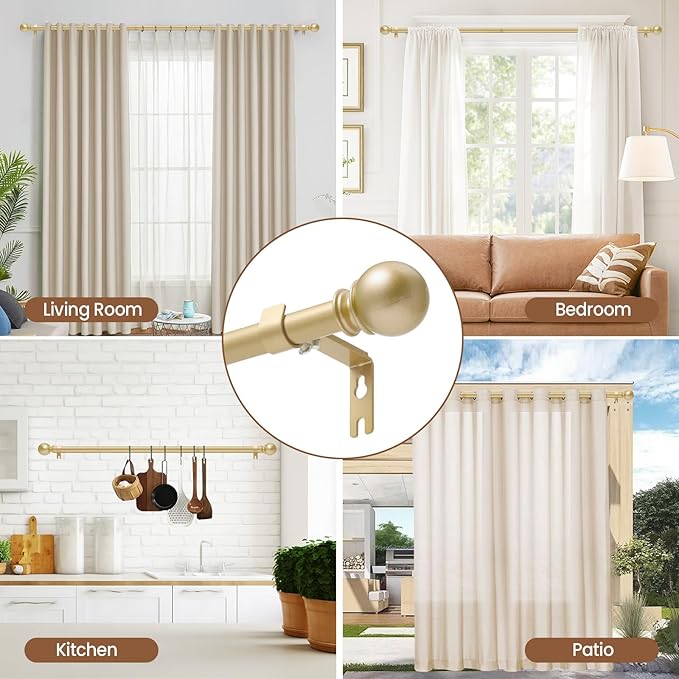 Gold Curtain Rod for Windows 48 to 84 or 88 Inch, 5/8 Inch Diameter Adjustable Curtain Rods With Brackets, Heavy Duty Easy to Install Curtain Rods for Bedroom, Outdoor Curtain Rod for Patio