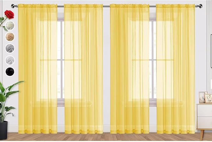 SpaceDresser Yellow Sheer Curtains 4 Panels Rod Pocket Semi-Sheer Curtain 63 Inches Long Light Filtering Voile Window Drapes for Bedroom Living Room Kitchen, Each 52W x 63L