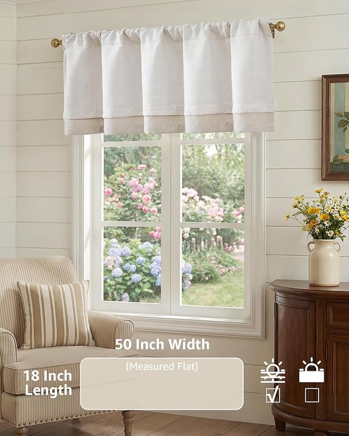 jinchan Curtain Light Filtering Kitchen for Living Room Bedroom Small Windows Valance 18 Inch Double Layer Farmhouse Window Rustic Overlay Rod Pocket 1 Panel Ivory