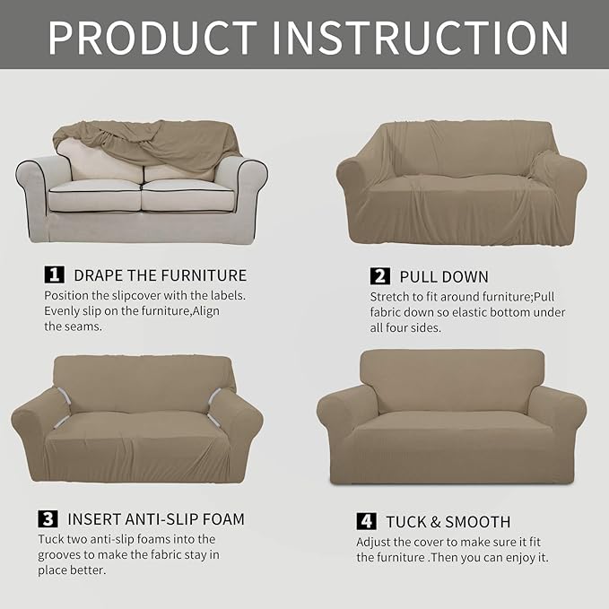 Easy-Going Stretch Sofa Slipcover 1-Piece Sofa Cover Furniture Protector Couch Soft with Elastic Bottom for Kids, Polyester Spandex Jacquard Fabric Small Checks (Sofa, Natural)
