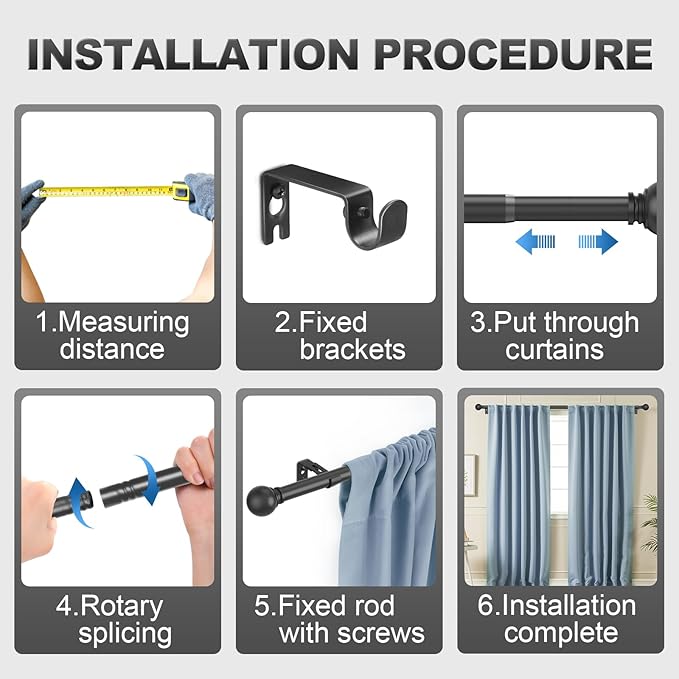Black Curtain Rods for Bedroom with Brackets,5/8 Inch Diameter Small Window Curtain Rod Adjustable 32 to 120 Inches,Easy Install Drapery Rods