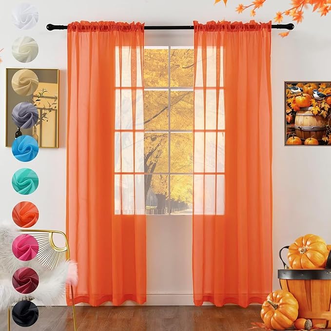 youleyar Solid Sheer Rod Pocket Curtain Voile Draperies 2 Panels White Beige Black Grey Coffee 52 Inch Width 96 Inch Long 1 Pair for Kitchen Bedroom Children Living Room Yard (Burnt Orange,52Wｘ96L)