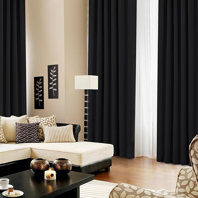 Deconovo Back Tab and Rod Pocket Blackout Curtains - (Black Color, 52x63 Inch, 2 Panles), Thermal Insulated Blackout Curtains for Bedroom