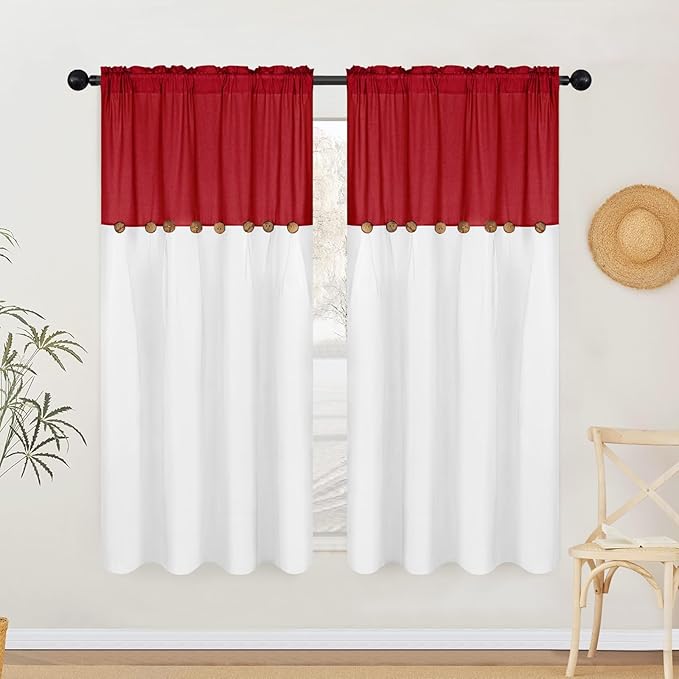 FRAMICS Farmhouse Cotton Linen Curtains for Living Room, Boho Button Curtains 63 inch Length, Rustic Country Linen Window Curtains for Bedroom, Rod Pocket Drapes, 52 x 63 Inch, Red and White