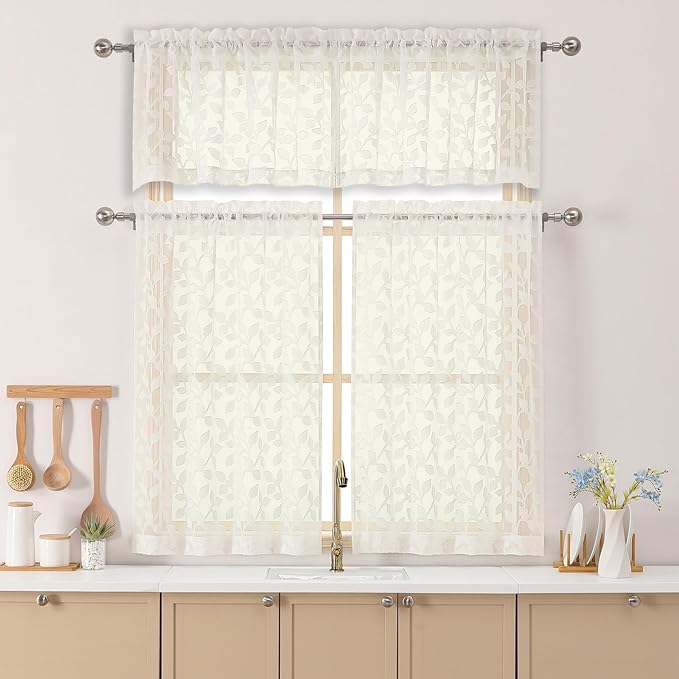 Chyhomenyc Ivory Sheer Valances for Windows 14 Inch Length 2 Pcs, Light Filtering Leaf Textured Cafe Short Kitchen Curtains, Top Small Curtain for Living Room Bedroom Basement, 42" W x 14" L