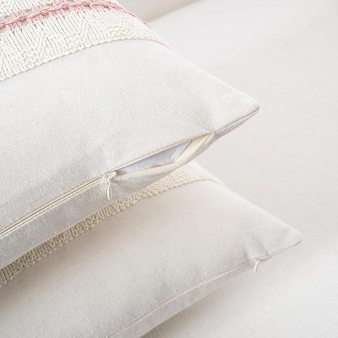 Fancy Homi Set of 1 Boho Pink Decorative Throw Pillow Cover 22x22 Inch for Couch Bed Sofa, Aesthetic Modern Organic Farmhouse Home Decor, Soft Cotton Cute Accent Macrame Woven Cushion Case