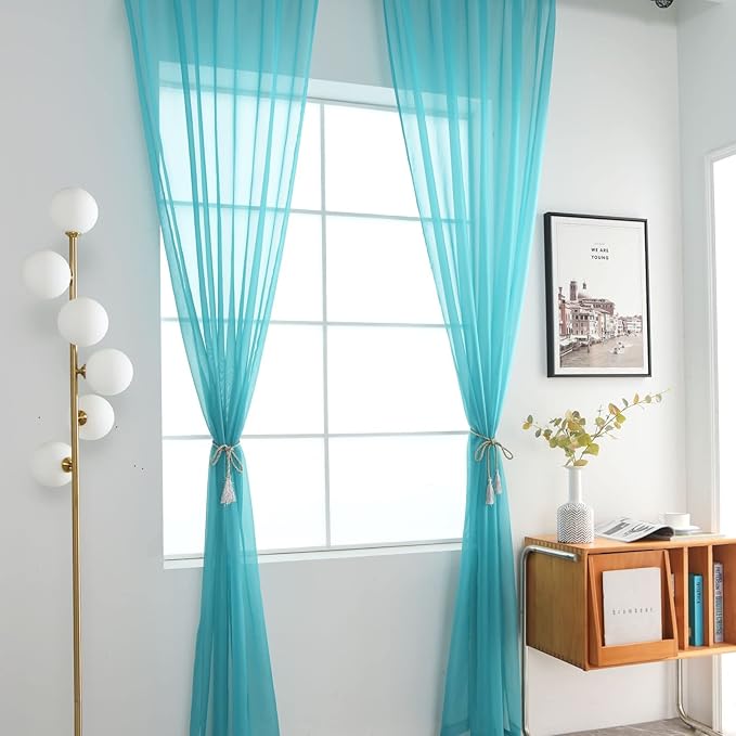 SpaceDresser Sheer Voile Window Treatment. Rod Pocket Curtain Panels for Kitchen Bedroom Living Room Drapes Sunlight Filtering Privacy Semi Home Decor Assorted Colors Sizes (Turquoise, 52 W x 45 L)