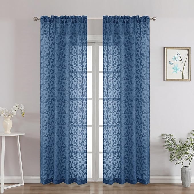 Chyhomenyc Dusty Blue Sheer Curtains 84 Inch Length 2 Panels Set, Light Filtering Tufted Textured Soft Airy Rod Pocket Gentle Leaf Window Treatment Drapes for Bedroom Living Room, 42" Wx84 L, 2PCS