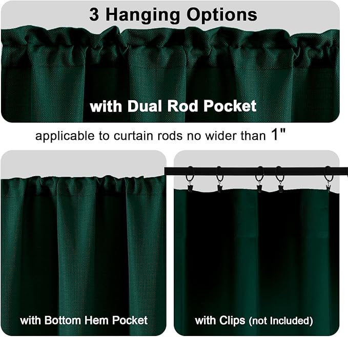 Chyhomenyc Hunter Green Short Curtain Valance for Windows, Faux Linen Textured Half Window Curtains, Burlap Solid Topper Small Curtain Valance for Bathroom Laundry Basement, 60Wx18L Inch, 1 Piece