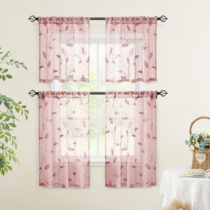 HOMEIDEAS Blush Pink Sheer Kitchen Curtains 30 X 24 Inch Length 2 Panels Embroidered Leaf Pattern Short Bathroom Window Curtains for Small Window Valance Tiers