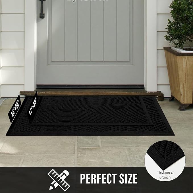 HIYARD Sturdy Front Door Mat, Absorbent Muddy Dirt Resist Welcome Door Mats Outdoor Indoor, Stain and Fade Resistant, Non-Slip Backing Entry Mat Low Profile Doormat for Entryway, 29×17, Black