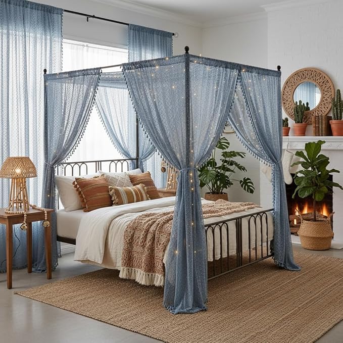 WAZZIO Boho Lace Curtains 84 Inches 2 Panel,Light Filtering Privacy Tassel & Geometry Crochet Semi Sheer Curtain Drapes for Bedroom Living Dining Room,Rod Pocket & Tassel,Light Slate Blue