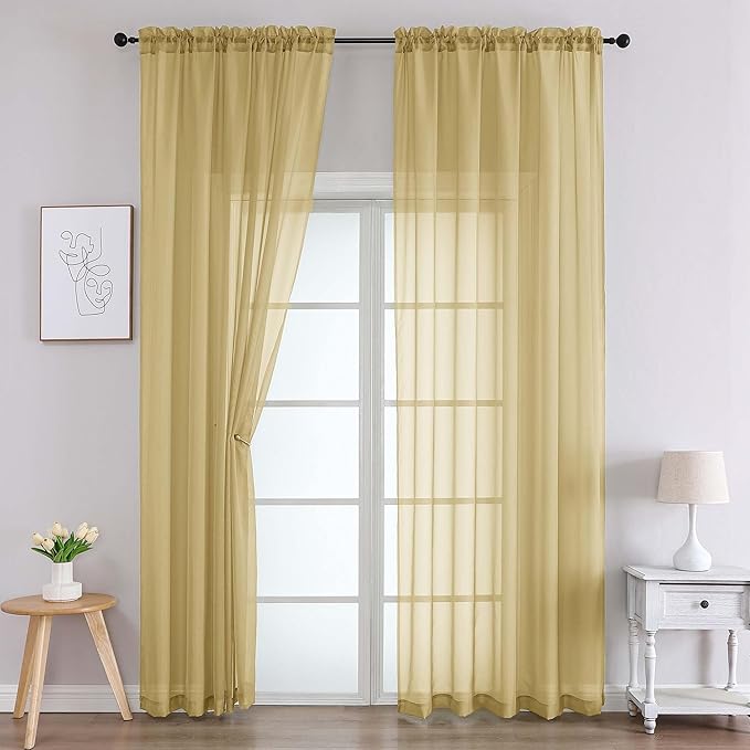 Gold Sheer Curtains 90 Inches Long 2 Panels Set for Bedroom Living Room, Soft Airy Light Filtering Modern Solid Rod Pocket Drapes Window Treatments, Gold, Each 59" W x 90" L