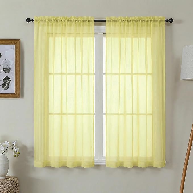Gwine Sheer Curtains 63 Inch Length - Light Filtering Rod Pocket Window Curtain Panels for Bedroom, Elegant Soft Voile Living Room Sheer Drapes, Each 42Wx63L, 2 Panels, Lemon
