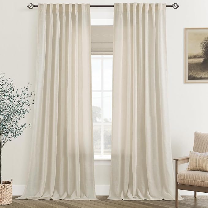 Faux Linen Beige Curtains 144 inches Long for Living Room Rustic Farmhouse Linen Drapes Semi Sheer Burlap Textured Canvas Cloth Curtain Panels Set of 2 Kahki Tan Colored