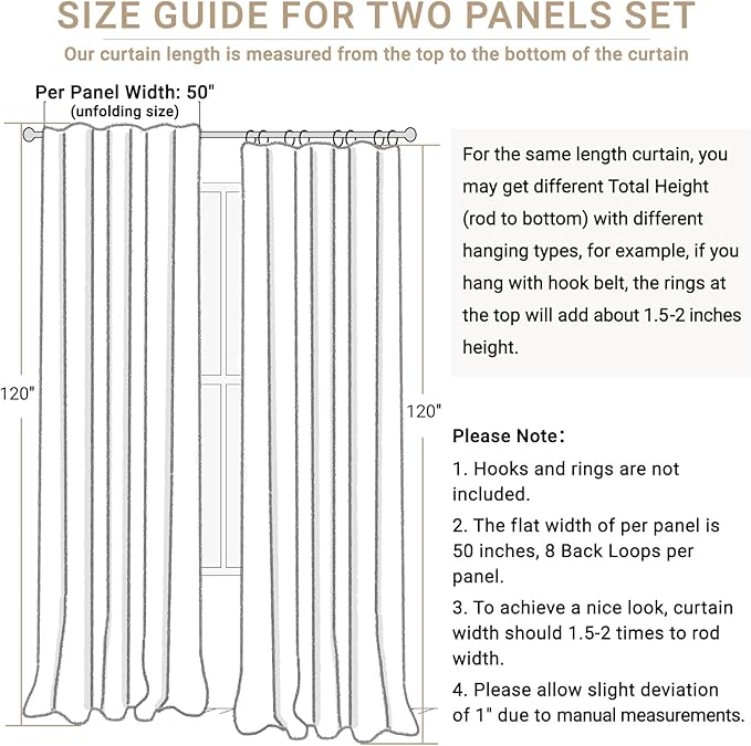 100% Blackout Shield Linen Blackout Curtains for Bedroom 120 Inches Long, Back Tab/Rod Pocket Living Room Drapes, Thermal Insulated Blackout Curtains 2 Panels Set, 50" W x 120" L,Cream