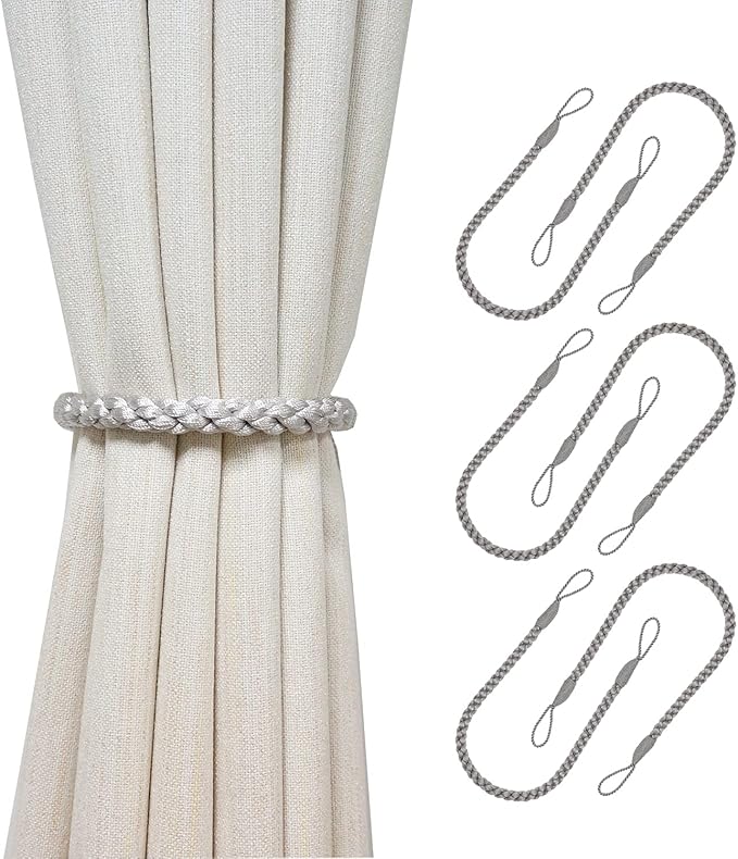 Curtain Tiebacks Ropes, 6pcs Decorative Handmade Tie Backs Curtain Holdbacks Holders Cord for Window Sheer Drapes Indoor Outdoor, Grey