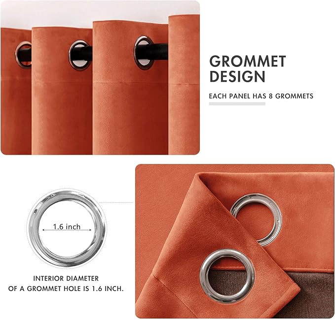 MIULEE Velvet Curtains for Fall Elegant Grommet Burnt Orange Curtains Thermal Insulated Soundproof Room Darkening Rust Terracotta Black Out Drapes for Living Room Bedroom Decor 52 x 108 Inch Set of 2