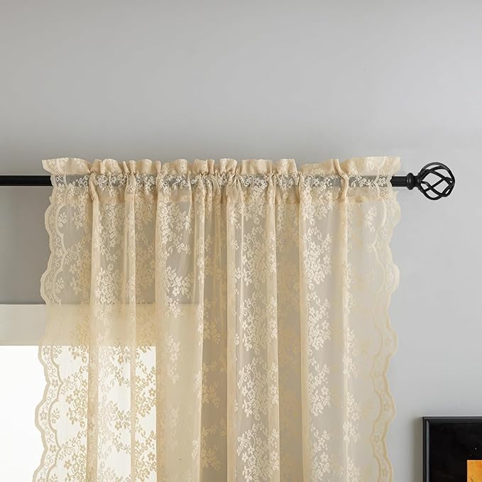 YJ YANJUN Vintage Lace Curtains 45 Inch Length- Cute Floral Cafe Curtains for Living Room Bathroom Kitchen Small Window Cabinet Rod Pocket Light Filtering W52 X L45 Beige