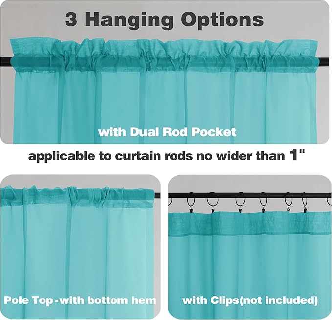 Chyhomenyc Sheer Valances for Windows 2 Pieces, 42Wx14L Inches Small Valance for Living Room Bedroom Study Laundry Basement, Rod Pocket Voile Valance, Turquoise