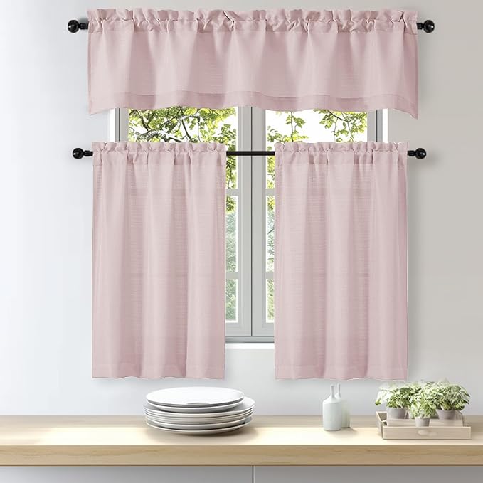 OWENIE Bob Valance Curtains 18 Inch Length 1 Piece, Faux Linen Slub Solid Blush Kitchen Valance for Bedroom Living Room, Farmhouse Soft Airy Rod Pocket Small Window Curtain, Each 60Wx18L Inch