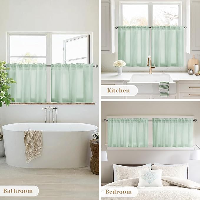 HOMEIDEAS Non-See-Through Sage Green Privacy Sheer Curtains, 30 X 24 Inches Long 2 Panels Sheer Curtains Light Filtering Window Drapes for Bedroom Living Room