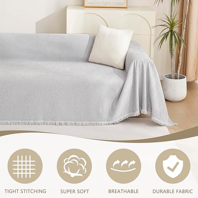MYSKY HOME Sofa Cover for Dogs Washable for Loveseat, Boho Couch Cover Cover for Sofa, Couch Cover Blanket Soft Thick Durable Tassel Sofa Slipcovers Furniture Protector, 71"x 118", Light Gery